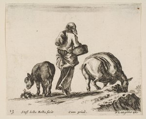 Planche 13 : une paysanne, vue de dos, tenant un panier au centre, un âne..., vers 1644-47 - Stefano della Bella