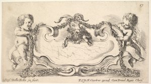 Cartouche avec un centre en marbre, un enfant de chaque côté tenant une guirlande
