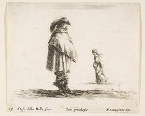 Planche 17 : un homme portant un chapeau à plumes au centre face à droite, une femme marchant vers..., vers 1644-47 - Stefano della Bella