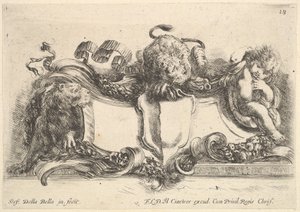 Cartouche contenant un blason vide, deux lionnes, 1646 - Stefano della Bella