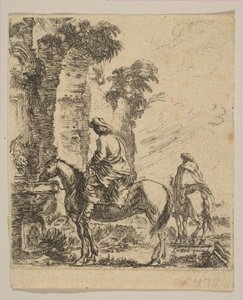 Planche 19 : Paysage avec un cavalier abreuvant son cheval à une fontaine, de Divers fi..., vers 1646 - Stefano della Bella