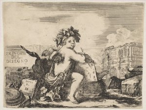 Le Génie du Dessin, un Enfant avec des Ailes, Assis sur un Rocher