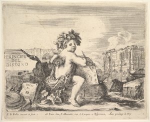 Planche 1 : le génie du dessin, un enfant avec des ailes, assis sur un rocher au centre tourné..., vers 1641