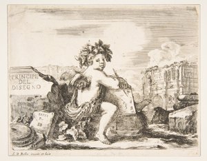 Planche 1 : le génie du dessin, un enfant avec des ailes, assis sur un rocher au centre tourn..., vers 1641-43