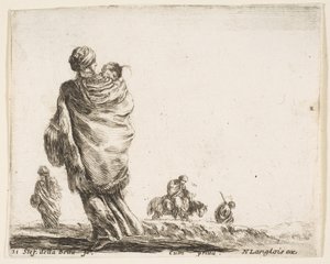 Une femme pauvre à gauche, vue de dos, enveloppant son enfant dans un châle, vers 1644-47