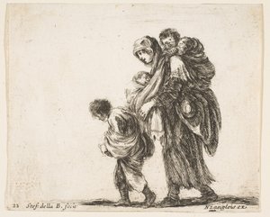 Planche 22 : une mendiante avec trois enfants, un enfant sur ses épaules, vers 1644-47 - Stefano della Bella