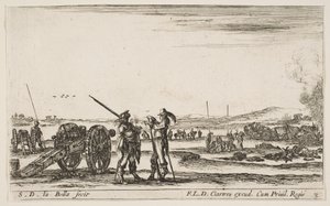 Planche 3 : Un officier donnant des ordres à un soldat au premier plan, canon à gauche, f..., ca. 1641