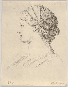 Planche 3 : tête de femme aux cheveux tressés, tournée de profil vers la droite