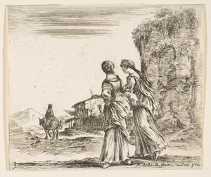 Planche 3 : deux filles marchant vers la gauche, vues de dos, une femme à cheval, vers 1644-47 - Stefano della Bella