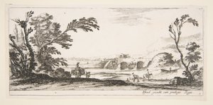 Planche 3 : deux cavaliers traversant une rivière à droite, une femme avec deux paniers sur un âne, vers 1641 - Stefano della Bella