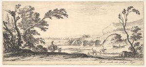 Planche 3 : deux cavaliers traversant une rivière à droite, une femme avec deux paniers sur un âne, vers 1641 - Stefano della Bella