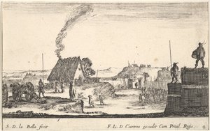 Planche 4: Un camp militaire avec un soldat debout sur un parapet à droite battant..., vers 1641 - Stefano della Bella