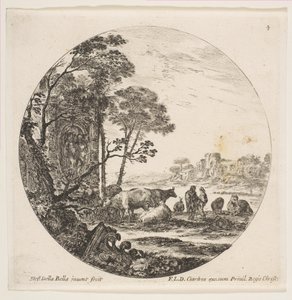 Planche 4 : un chapiteau corinthien au sol à gauche, un monument avec des figures en bas-relief - Stefano della Bella