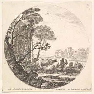 Planche 4 : un chapiteau corinthien au sol à gauche au premier plan, un monument..., vers 1643-48 - Stefano della Bella