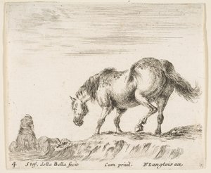 Planche 4: un cheval de profil face à gauche, sur le point de descendre d