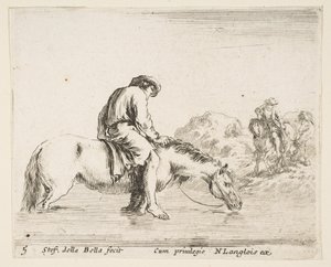 Planche 5: un paysan pieds nus à cheval traversant une rivière, un autre paysan à cheval..., ca. 1644-47 - Stefano della Bella