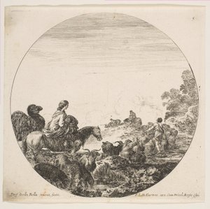 Planche 5: une femme portant un enfant sur un cheval à gauche, un chameau la suivant, un troupeau de..., vers 1646 - Stefano della Bella