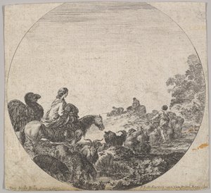 Planche 5 : une femme portant un enfant sur un cheval à gauche, un chameau la suivant, un troupeau, vers 1643-1648