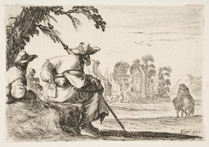 Planche 5: deux pèlerins avec des chapeaux se reposent à gauche, vus de dos, un cavalier s
