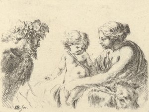 Planche 6 : une femme à droite tenant son enfant assis sur un âne, un satyre à gauche, vers 1646 - Stefano della Bella