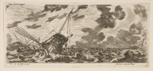Plaque 6 : trois navires dans une tempête, de Divers embarquements, vers 1646-47 - Stefano della Bella