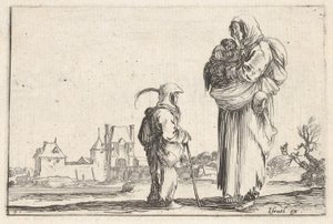 Planche 7 : une paysanne portant un enfant à droite, parlant à un autre enfant debout..., vers 1642