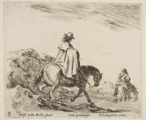 Planche 8 : un cavalier descend une berge, un autre cavalier dans la rivière à droite