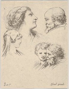 Planche 9 : cinq têtes, deux jeunes femmes à gauche, un homme barbu en haut à droite, une jeune femme..., vers 1649