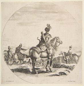 Cavalier polonais avec un arc et des flèches, vu de dos avec son cheval tourné vers la droite, un..., vers 1651 - Stefano della Bella