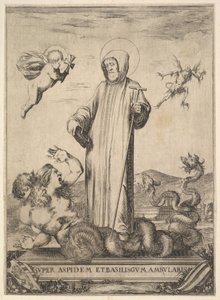 Saint Jean Gualbert piétinant un monstre à deux têtes humaines et un corps serpentin, un vol - Stefano della Bella