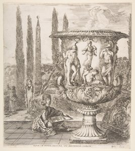Le Vase Médicis, un grand vase à droite décoré d