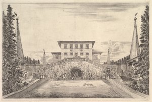 La villa au centre flanquée de quatre obélisques, un escalier de chaque côté, une statue, vers 1653 - Stefano della Bella
