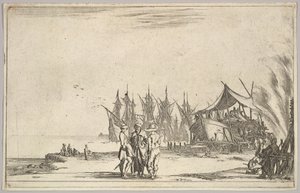 Trois hommes portant des chapeaux debout au centre, des hommes réparant un navire à droite, cinq navires et divers, 1639 - Stefano della Bella