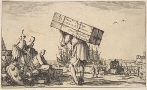 Page de titre : un homme portant une caisse sur son dos au centre, trois hommes le regardant..., 1639
