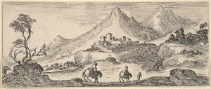Deux cavaliers descendent une colline au centre, suivant un autre homme à pied, un château en arrière-plan - Stefano della Bella