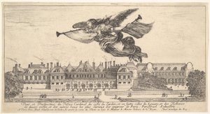 Vue du Palais Cardinal, la figure de la Renommée au centre en haut volant vers la gauche - Stefano della Bella