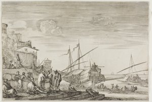 Vues du port de Livourne : Maisons surplombant un port - Stefano della Bella