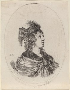 Femme avec un turban à plumes, tournée vers la droite