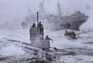 Naufrage du navire marchand britannique Linda Blanche par le sous-marin allemand U-21 au large de Liverpool, Première Guerre mondiale, 30 janvier 1915 (lithographie) - Willy  Stoewer 