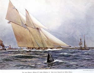 Course de voile : le voilier "Meteor IV" - Aquarelle de Willy Stower