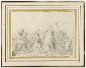 Scène de genre avec un vieil homme, des paysannes et des enfants - Style of Jean Baptiste Greuze