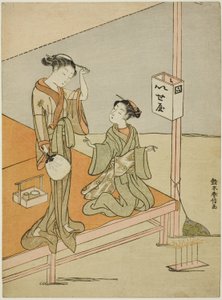 Une courtisane et son assistante à la maison de thé au bord de la rivière Iseya - Suzuki Harunobu