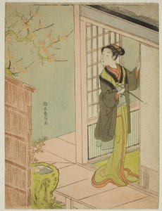 Beauté admirant un rossignol chantant dans un prunier - Suzuki Harunobu