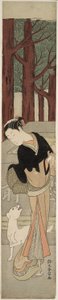 Beauté et un chien blanc à un sanctuaire - Suzuki Harunobu