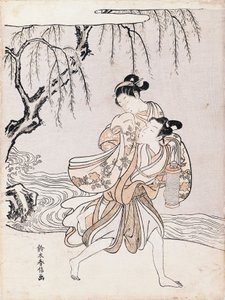 Couple sur les rives de la rivière, encre et couleurs, Japon, période Edo - Suzuki Harunobu