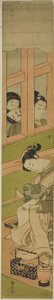 Courtisane écrivant une lettre tandis que deux hommes regardent à travers une grille de fenêtre - Suzuki Harunobu