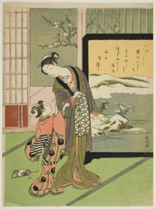 Courtisane et son enfant assistant jouant avec un chat - Suzuki Harunobu
