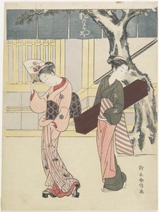 Artiste et son assistant devant Matsumoto-ya, c. 1768