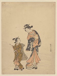 Jeune femme et fille avec boule de neige - Suzuki Harunobu