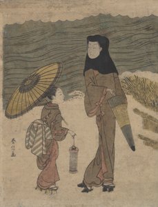 Dame avec capuche noire et parapluie se promenant avec un jeune assistant - Suzuki Harunobu